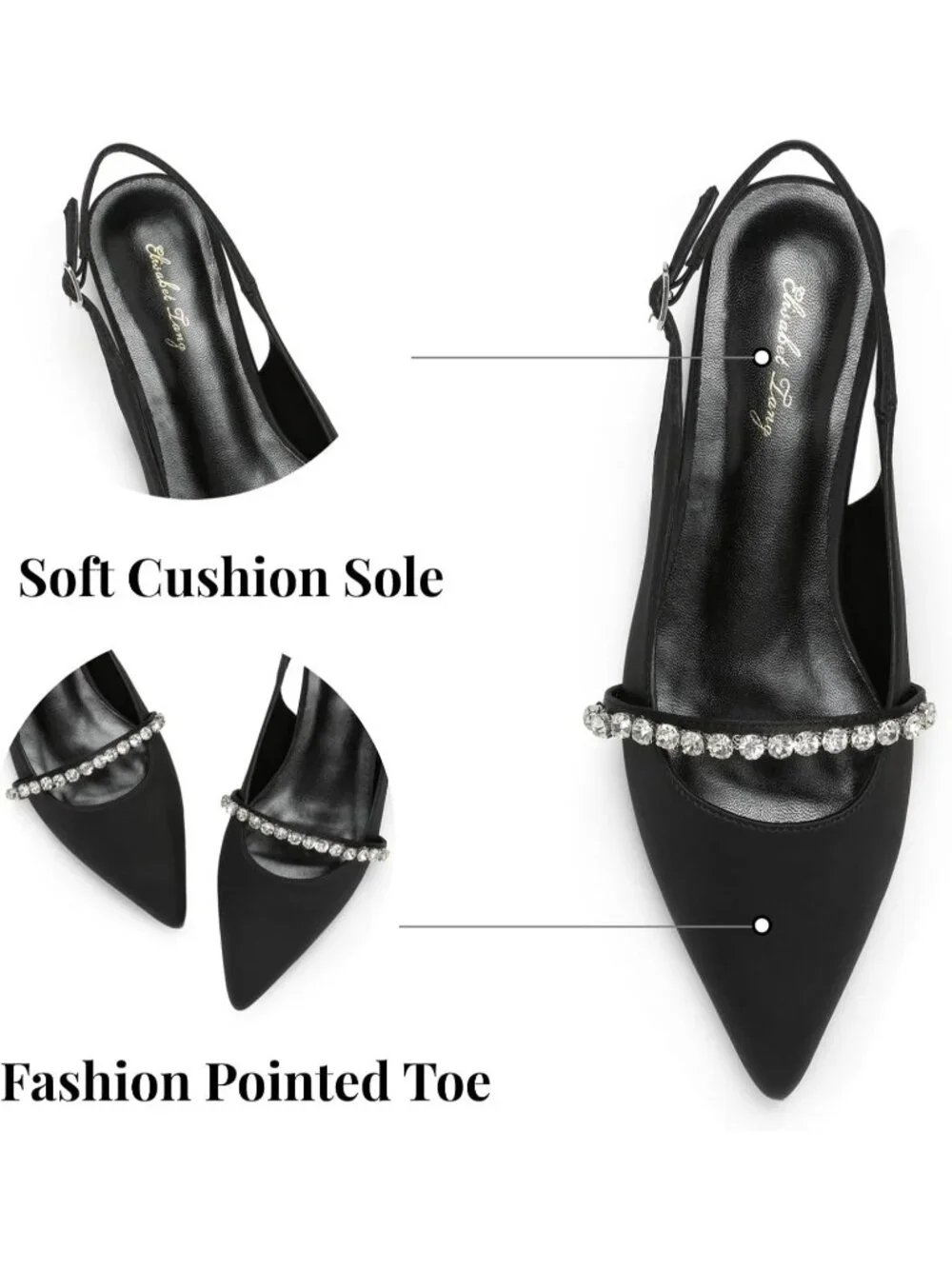 Women's Black Satin Slingback Flats With Rhinestone Pointed Toe Backstrap Shoes